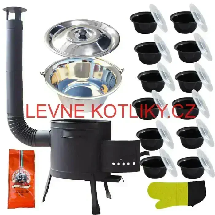 Nerezový kotlík 22 L (0,8 mm) + misky 12 ks + nízká žáruvzdorná kotlina (1,5 mm) 42 PLUS 600