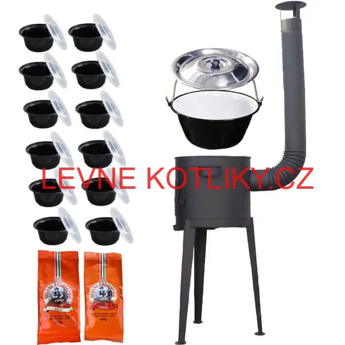 Smaltovaný kotlík 22 L (1,2 mm) + vysoká žáruvzdorná kotlina 42 cm PLUS 600 + misky 12 ks + 2 x pepř na guláš 100 g