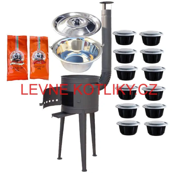 Nerezový kotlík 22 L (0,8 mm) INOX + vysoká žáruvzdorná kotlina (1,5 mm) HODO 42 cm PLUS 600 + misky 12 ks + 2 x pepř na guláš 100 g