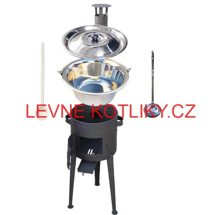 Nerezový kotlík 20 L (1,2 mm) INOX + vysoká žáruvzdorná kotlina (1,5 mm) HODO 42 cm PLUS 600 + vařečka + naběračka