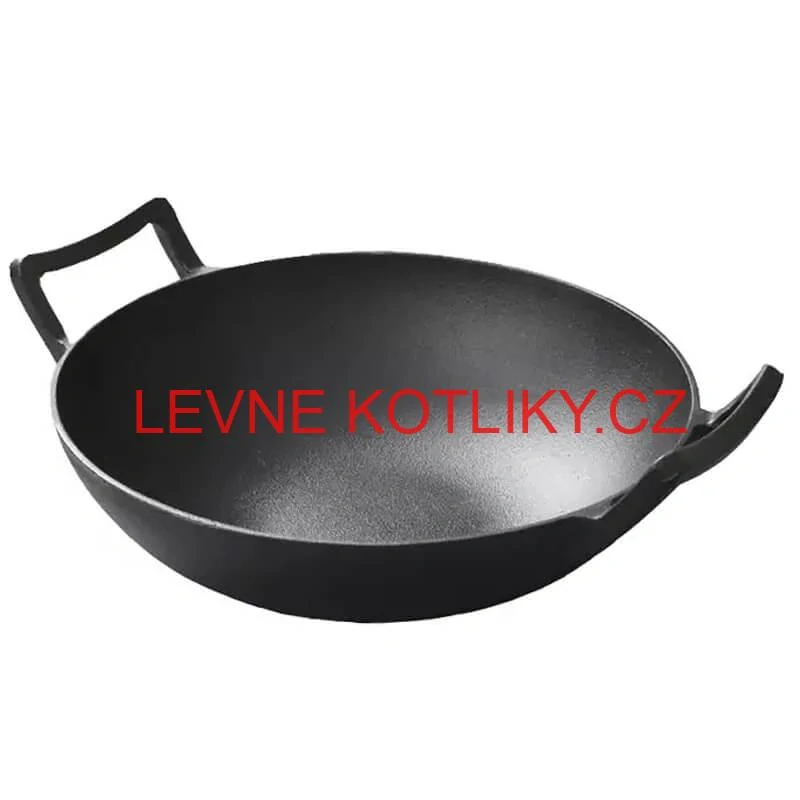 Litinový čínský wok 36,5 cm s dřevěnou poklicí