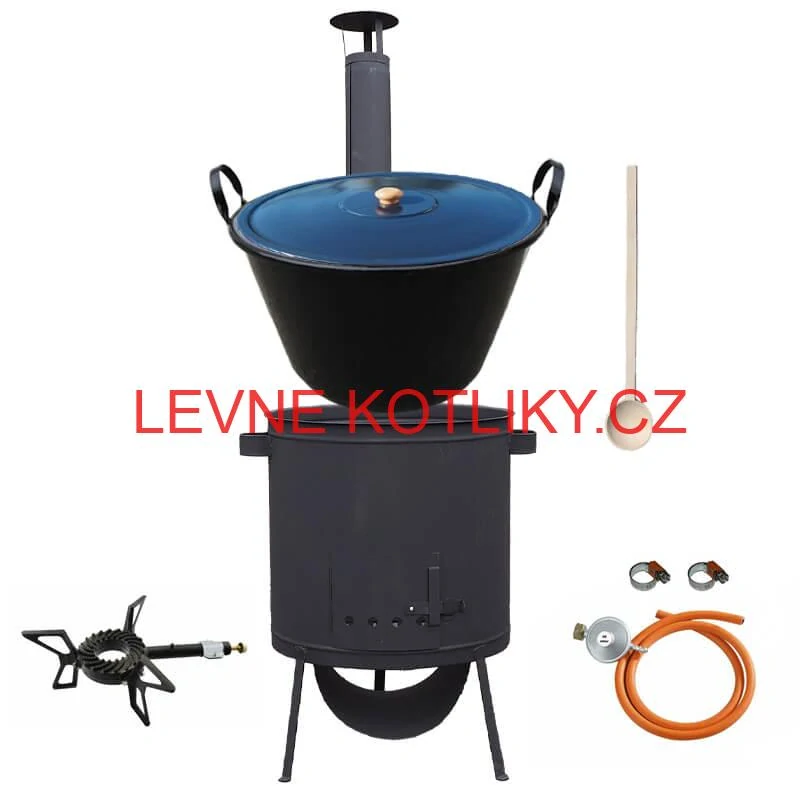 Smaltovaný kotel 70 L na zabijačku + žáruvzdorná kotlina 53 PLUS 600 4 MM + hořák 7,5 kW + vařečka
