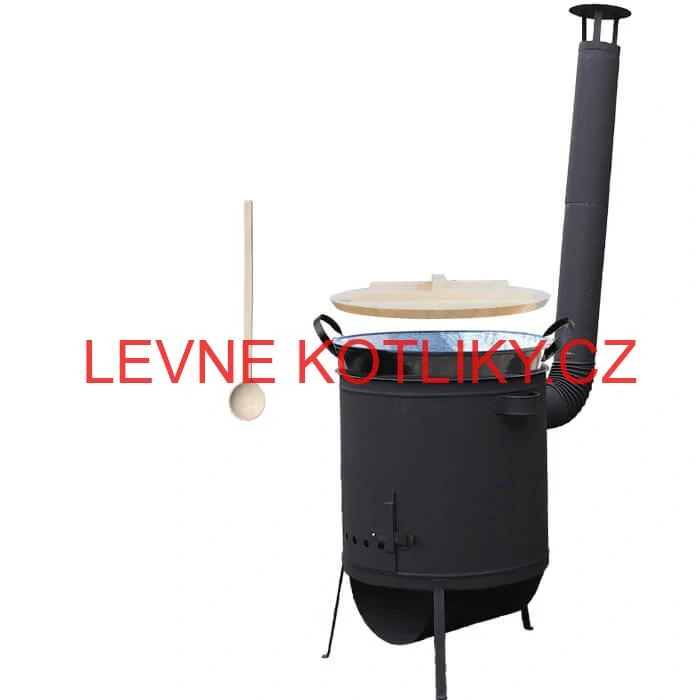 Zabijačkový smaltovaný kotel 100 L, žáruvzdorná kotlina 42 PLUS 600 4 MM, dřevěná poklice + vařečka