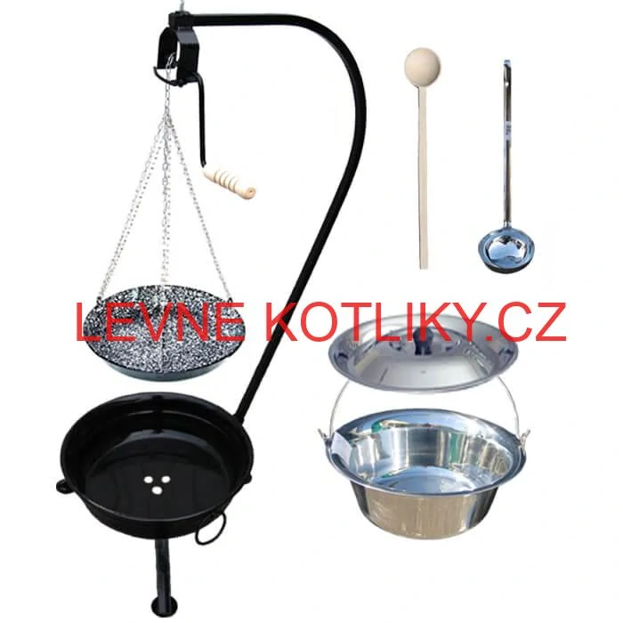 Nerezový kotlík 20 L (0,8 mm) INOX + smaltovaná pánev + ohniště se stojanem as pojistnou kladkou VAR