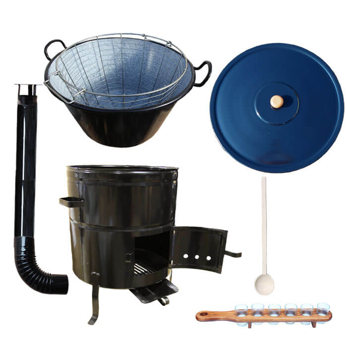 Zabijačkový smaltovaný kotel 60 L + kovová kotlina 53 cm + koš do kotle