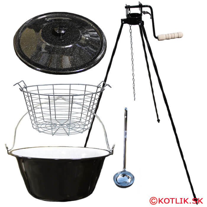 Smaltovaný kotlík 25 L (1,2 mm) + drátěný koš + stojan s kladkou VAR