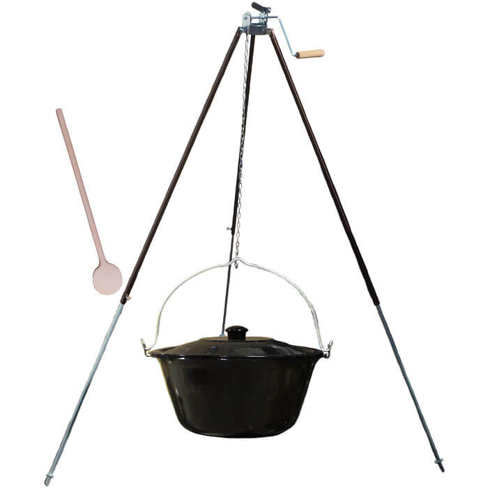 Smaltovaný kotlík 20 L (1,2 mm) + teleskopická trojnožka s pojistnou kladkou + poklice