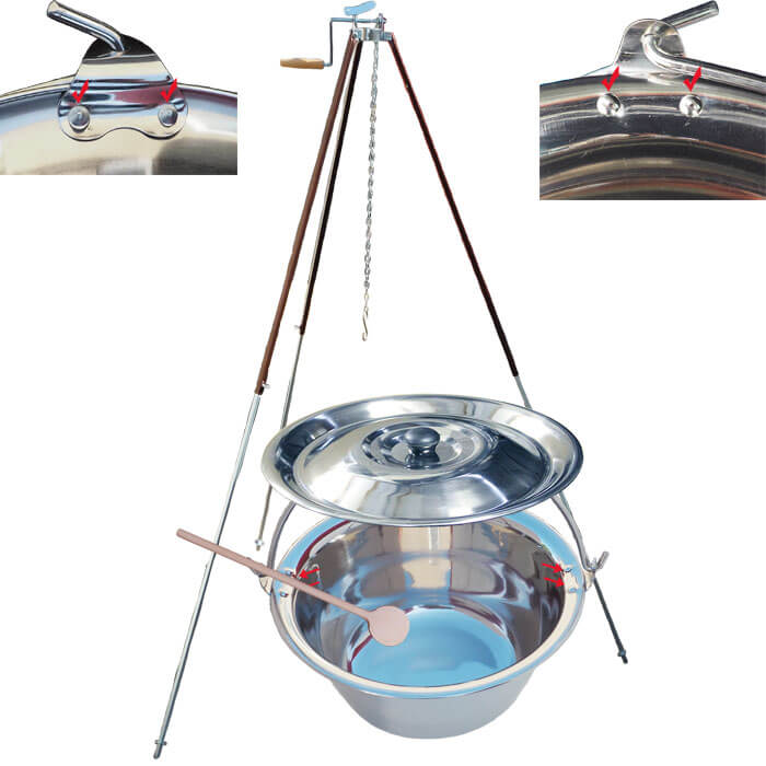 Nerezový kotlík 20 L (0,8 mm) s nýty + teleskopická trojnožka s pojistnou kladkou + poklice