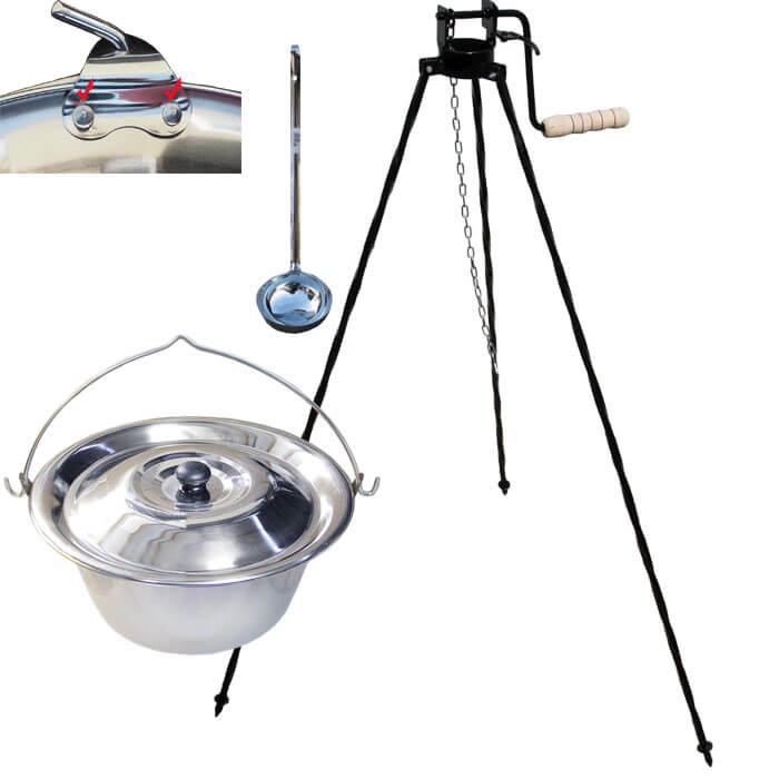 Nerezový kotlík 15 L (0,8 mm) s nýty + stojan s kladkou VAR