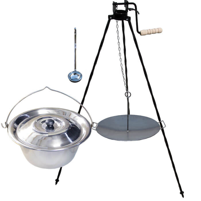 Nerezový kotlík 22 L (0,8 mm) + pánev na grilování a stojan s kladkou VAR