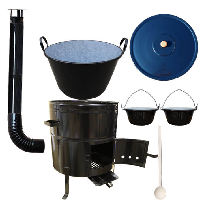 Zabijačkový smaltovaný kotel 80 L + kovová kotlina 58 cm + 2 servírovací kotlíky a kouřovod