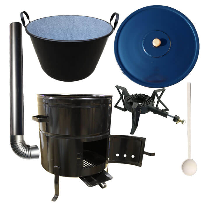 Zabijačkový smaltovaný kotel 50 L + kovová kotlina 50 cm + hořák 7 kW + kouřovod
