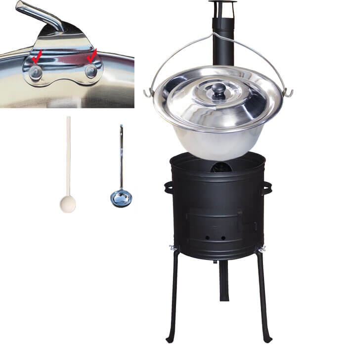 Nerezový kotlík 20 L (0,8 mm) zesílený s nýty + kovová kotlina s vysokými nožičkami 42 cm, žáruvzdorná barva Plus 700 + vařečka a naběračka