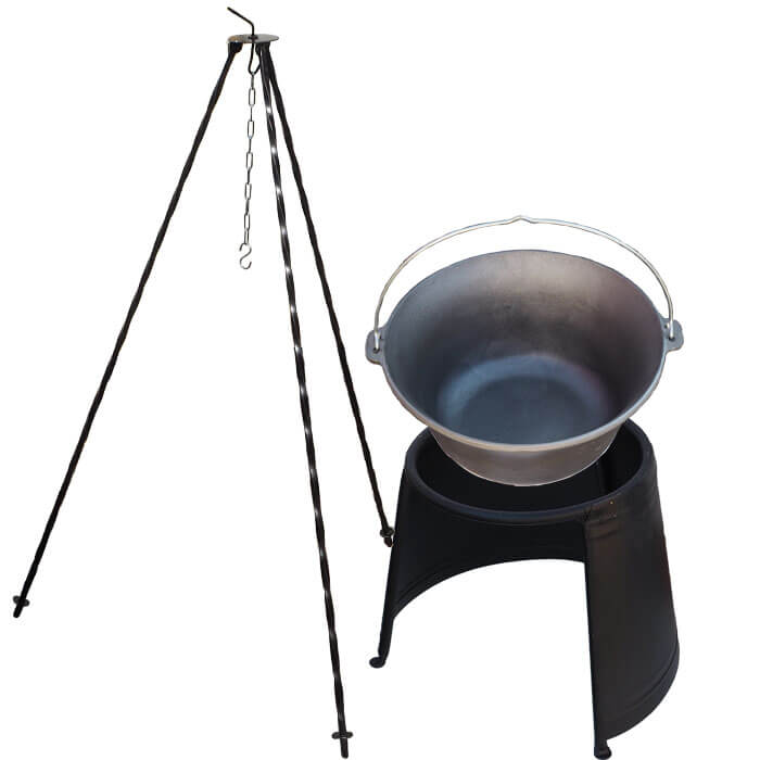 Litinový kotlík 10,8 L + chránič plamene 37 cm + trojnožka 1,2 m