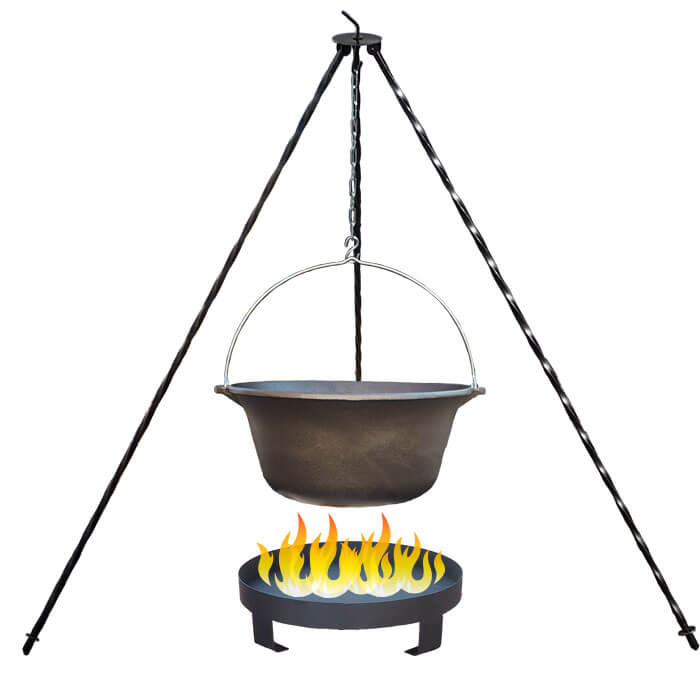 Litinový kotlík 10,8 L + trojnožka 1,2 m + ohniště 36 cm