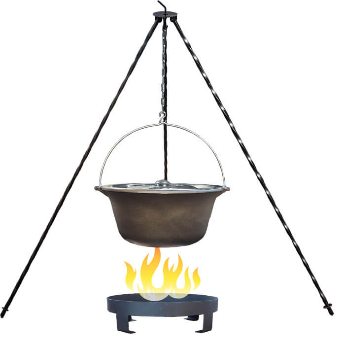 Litinový kotlík 7,2 L + nerezová poklice + trojnožka 1,2 m + ohniště 36 cm