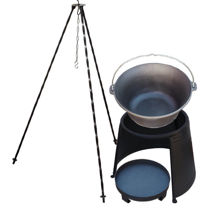 Litinový kotlík 7,2 L + chránič plamene 32 cm + ohniště 36 cm + trojnožka 1,2 m