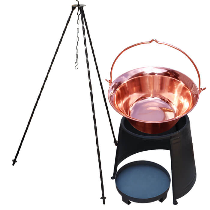 Měděný kotlík 10 L (1,2 mm) + chránič plamene 37 cm + ohniště 36 cm + trojnožka 1,2 m