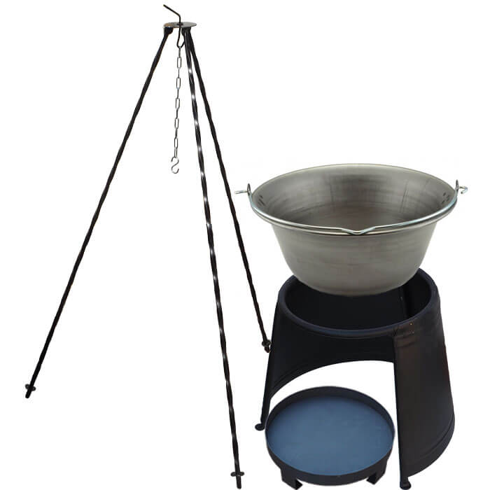 Železný kotlík 6 L (0,75 mm) + chránič plamene 32 cm + ohniště 36 cm + trojnožka 1,2 m