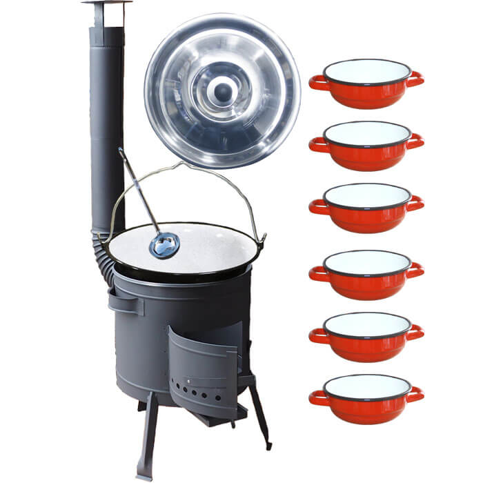 Smaltovaný kotlík 20 L + selské misky 6 ks + nízká žáruvzdorná kotlina 42 cm PLUS 600