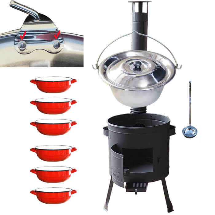 Nerezový kotlík 15 L (0,8 mm) s nýty INOX + selské misky 6 ks + nízká žáruvzdorná kotlina 36 cm PLUS 600