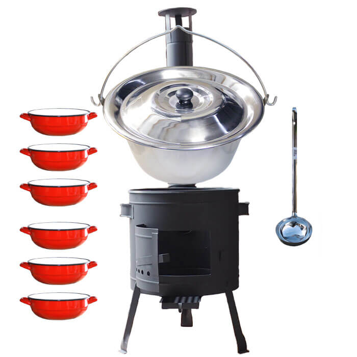 Nerezový kotlík 22 L (0,8 mm) INOX + selské misky 6 ks + nízká žáruvzdorná kotlina 42 cm PLUS 600