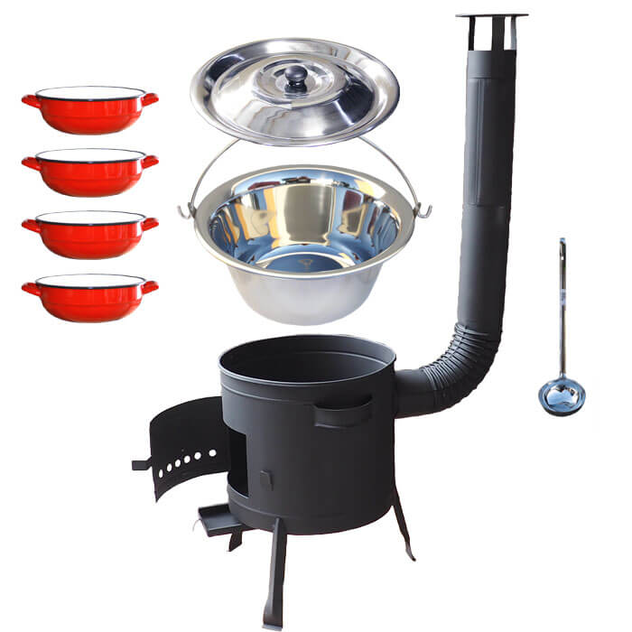 Nerezový kotlík 22 L (0,8 mm) INOX + selské misky 4 ks + nízká žáruvzdorná kotlina 42 cm PLUS 600