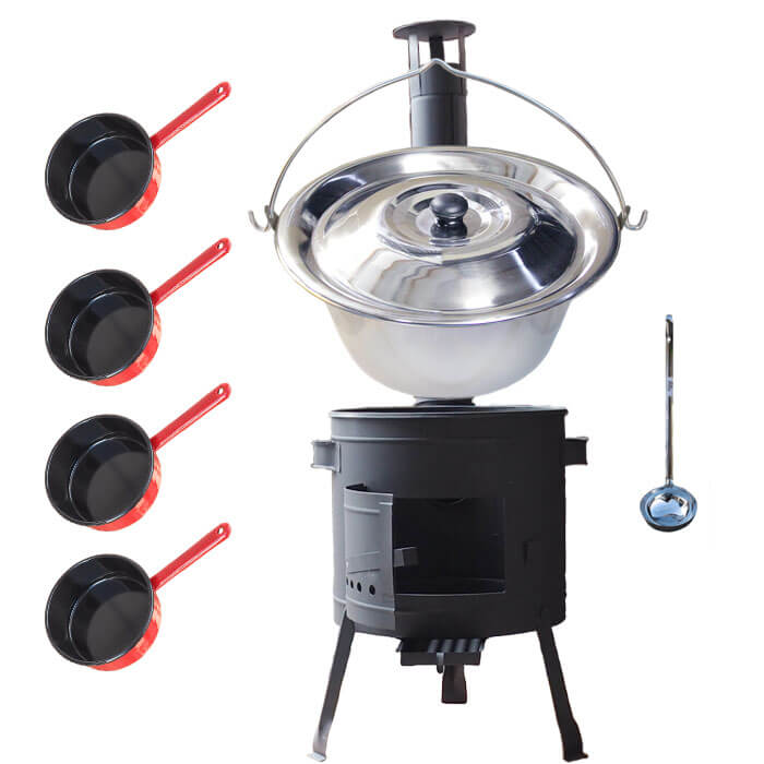 Nerezový kotlík 22 L (0,8 mm) INOX + smaltované rendlíky 4 ks + nízká žáruvzdorná kotlina 42 cm PLUS 600
