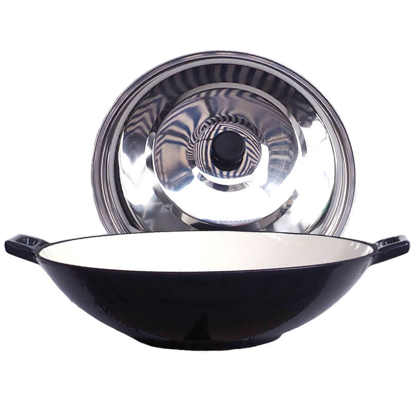Litinový wok – smaltovaný povrch 37 cm + nerezová poklice