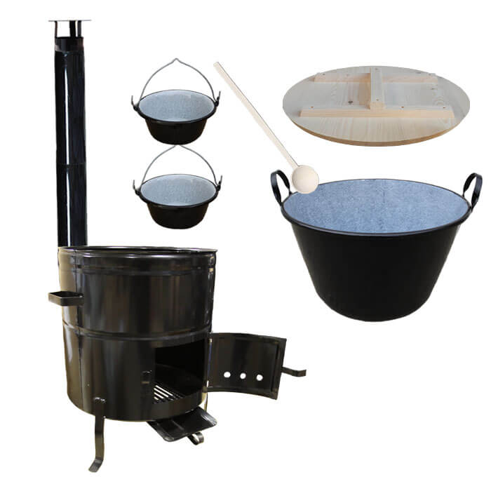 Zabijačkový smaltovaný kotel 100 L + kovová kotlina 58 cm + 2 servírovací kotlíky a kouřovod