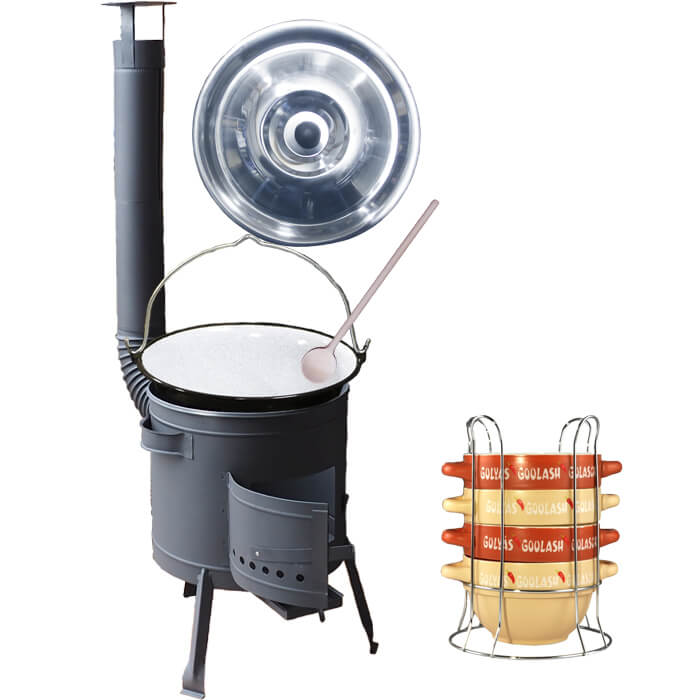 Smaltovaný kotlík 22 L (1,2 mm) + misky na guláš 4 ks + nízká žáruvzdorná kotlina 42 PLUS 600