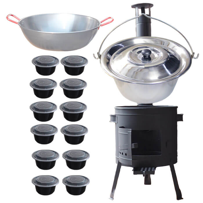 Nerezový kotlík 22 L (0,8 mm) INOX + Pánev PAELLA (WOK) 45 cm + misky 12 ks + nízká kotlina 42 PLUS 600