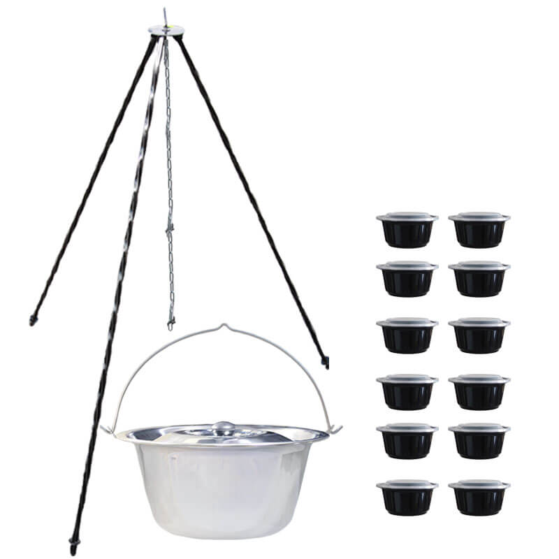Nerezový kotlík 10 L (0,8 mm) INOX + poklice + trojnožka 1,20 m + misky 12 ks