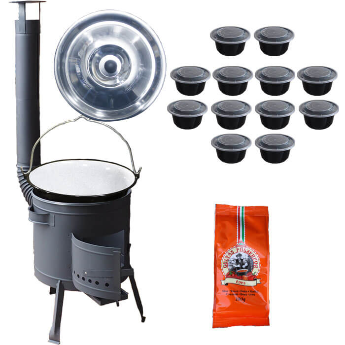 Smaltovaný kotlík 20 L (1,2 mm) + poklice + misky 12 ks + nízká žáruvzdorná kotlina (0,8 mm) 42 PLUS 600