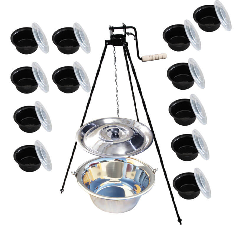 Nerezový kotlík 14 L (0,8 mm) INOX + stojan s kladkou VAR + misky 12 ks