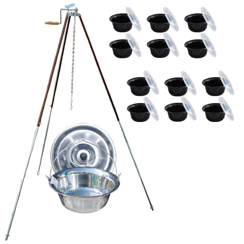 Nerezový kotlík 20 L (1,2 mm) + teleskopická trojnožka s pojistnou kladkou + misky 12 ks