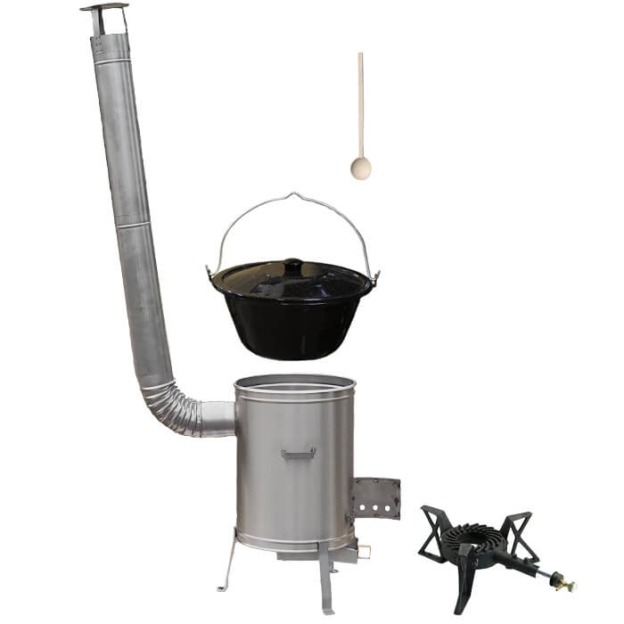 Smaltovaný kotlík 13 L (1,2 mm) + nerezová kotlina 36 cm + litinový hořák 7 kW, vařečka LUX