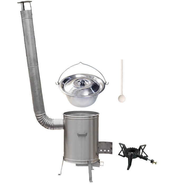 Měděný kotlík 10 L (1,2 mm) + nerezová kotlina 36 cm + litinový hořák 7 kW, vařečka LUX