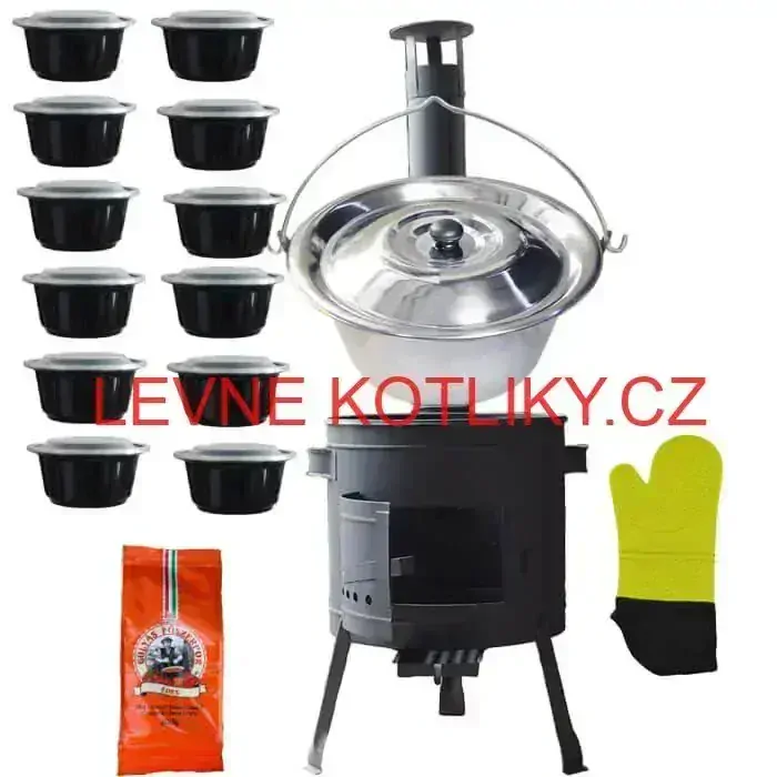 Nerezový kotlík 22 L (0,8 mm) + misky 12 ks + nízká žáruvzdorná kotlina (1,5 mm) 42 PLUS 600