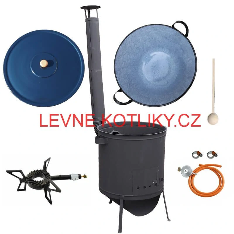 Smaltovaný kotel 60 L na zabijačku + žáruvzdorná kotlina 53 PLUS 600 4 MM + hořák 7,5 kW + vařečka