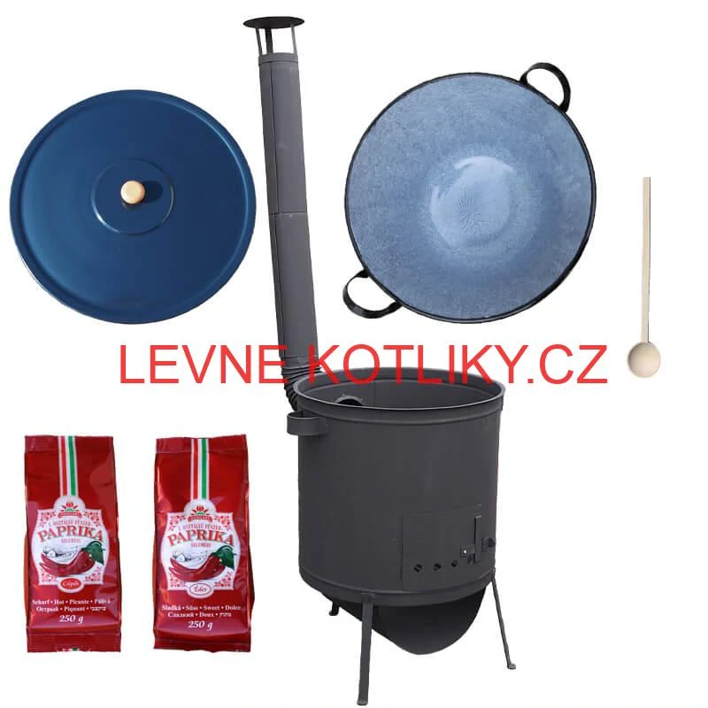 Smaltovaný kotel 70 L na zabijačku + žáruvzdorná kotlina 53 PLUS 600 4 MM + sladká a pálivá paprika (2 x 250 g) + vařečka