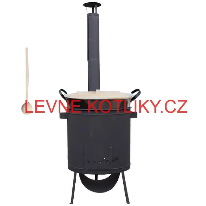 Zabijačkový smaltovaný kotel 100 L, žáruvzdorná kotlina 42 PLUS 600 4 MM, dřevěná poklice + vařečka