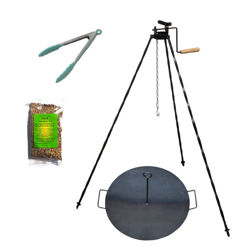 Grilovací souprava CLASSIC STEEL PRO: Trojnožka 1,2m s kladkou + Železná pánev 49 cm