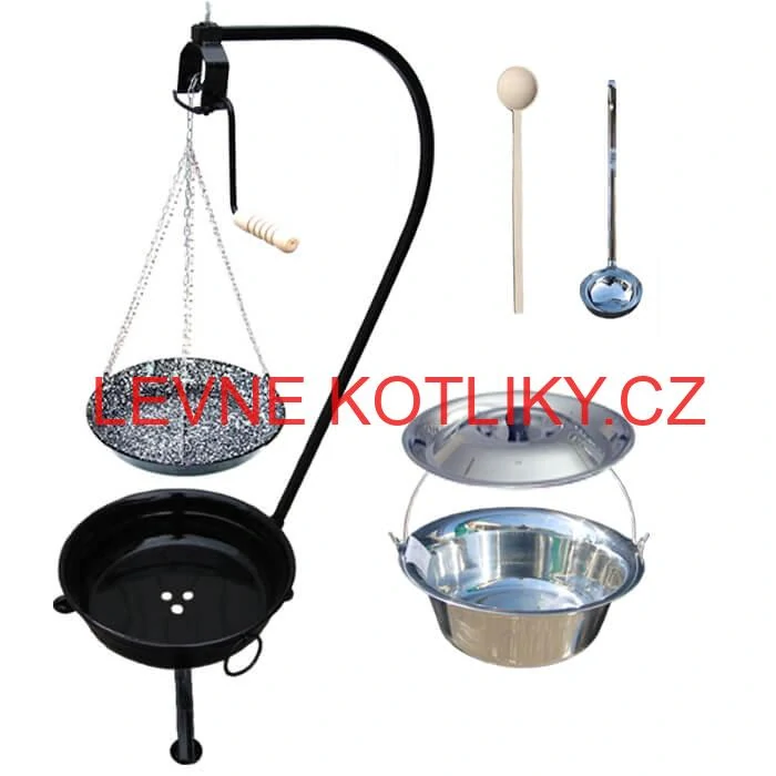 Nerezový kotlík 14 L (0,8 mm) INOX + smaltovaná pánev + ohniště se stojanem as pojistnou kladkou VAR