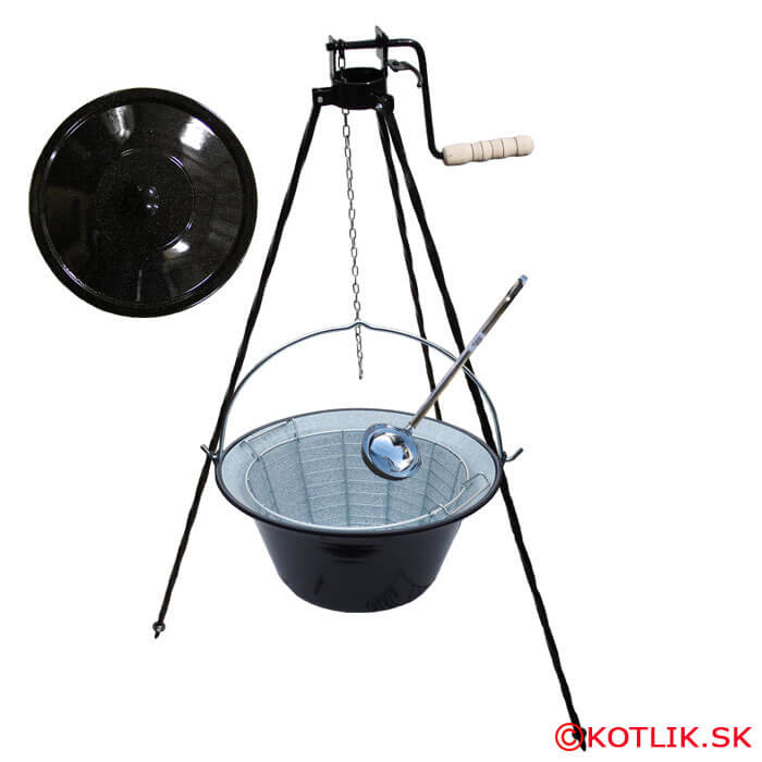 Smaltovaný kotlík 25 L (1,2 mm) + drátěný koš + stojan s kladkou VAR
