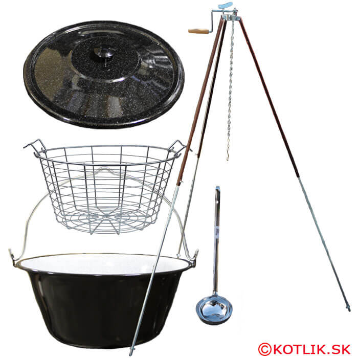 Smaltovaný kotlík 30 L (1,2 mm) + drátěný koš + stojan s kladkou VAR