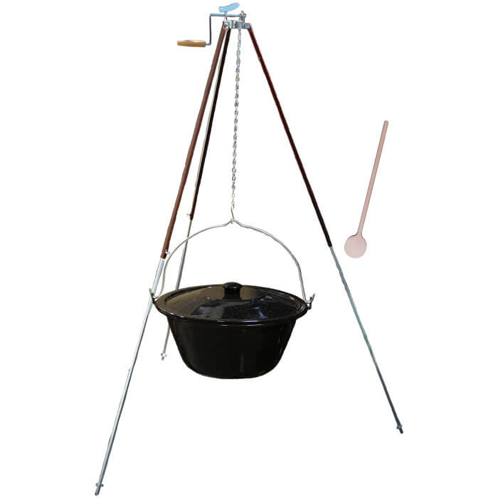 Smaltovaný kotlík 25 L (1,2 mm) + teleskopická trojnožka s pojistnou kladkou + poklice