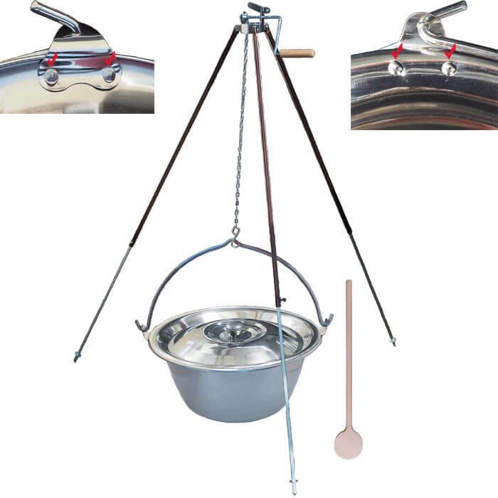 Nerezový kotlík 30 L (0,8 mm) s nýty + teleskopická trojnožka s pojistnou kladkou + poklice