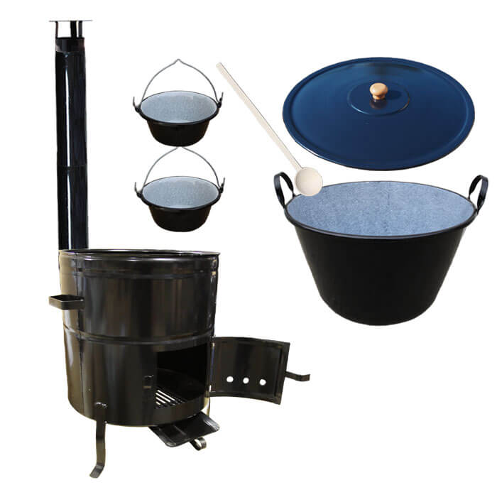 Zabijačkový smaltovaný kotel 80 L + kovová kotlina 58 cm + 2 servírovací kotlíky a kouřovod