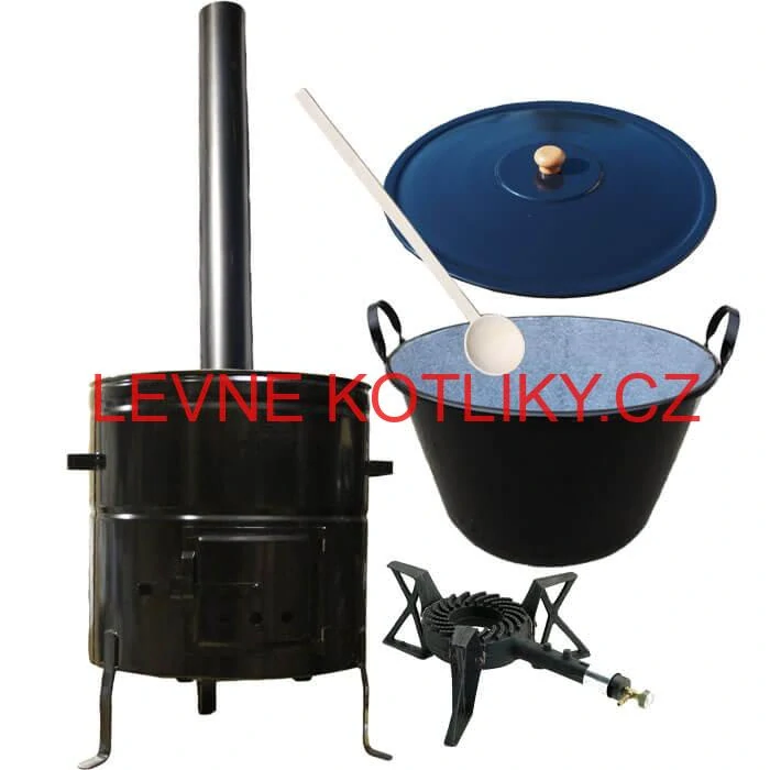 Zabijačkový smaltovaný kotel 60 L + kovová kotlina 53 cm + hořák 7 kW + kouřovod